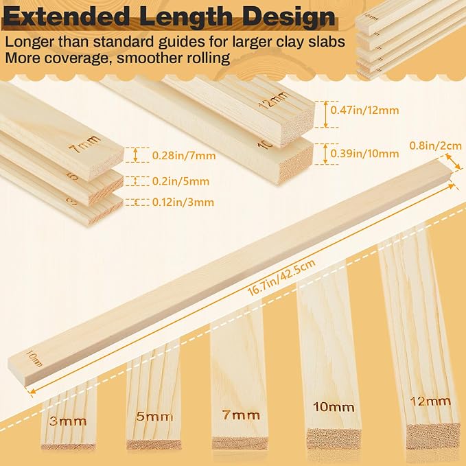 Sasylvia 10 Pcs Clay Pottery Rolling Pin Guides Wood Teaching Rolling Mud Stick Guide Set Polymer Clay Depth Thickness Guide Pottery Mudboard Tools (5 Size Lengthen,Wood Color)