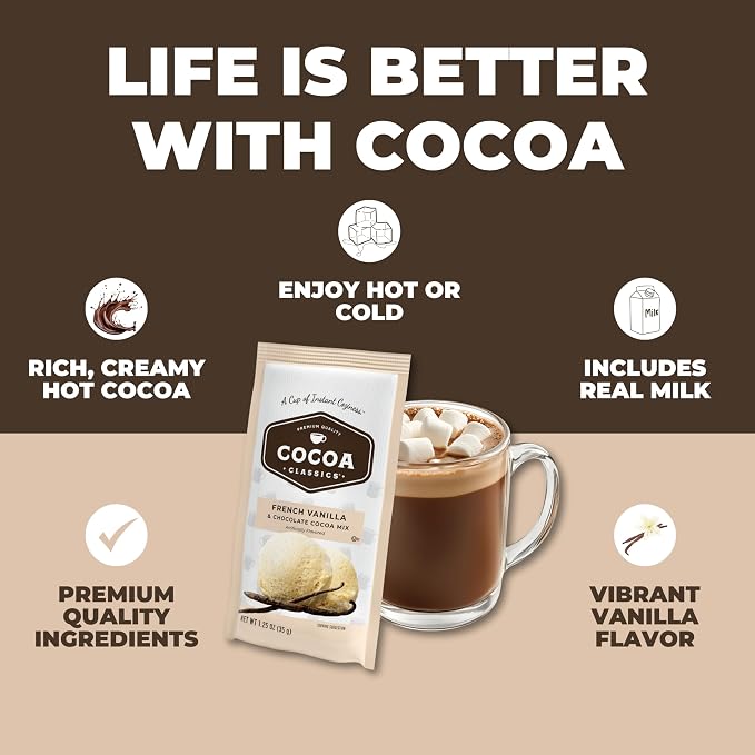 Cocoa Classics French Vanilla Cocoa Mix, Hot or Iced, 1.25oz, 36 Pack | French Vanilla cocoa mix with smooth, creamy vanilla flavor; just add water for rich hot or iced cocoa with smooth taste