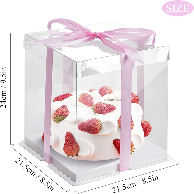8x8x10Inch Tall Cake Boxes, 5 Pack Bakery Boxes for Tier Cakes, Disposable Cake Bakery Box with ribbon, Clear Cake Box for Pastry Wedding Birthday