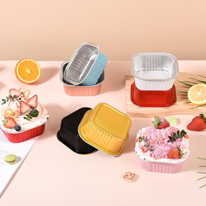 100 Pcs Mini Cake Pans with Lids, 5oz Square Aluminum Foil Brownie Baking Cups, Dessert Cupcake Cups with lids, Disposable Loaf Pans Cupcake for Wedding Birthday Party (Black Gold)
