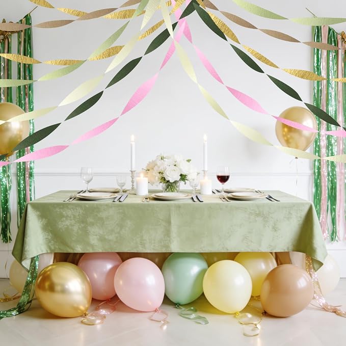 AOYOO Crepe Paper Streamers, 6 Rolls Sage Green Emerald Gold and Pink Party Streamers, Boho Party Decorations for Baby Shower, Woodland Birthday, Wedding and Safari Jungle Theme Supplies
