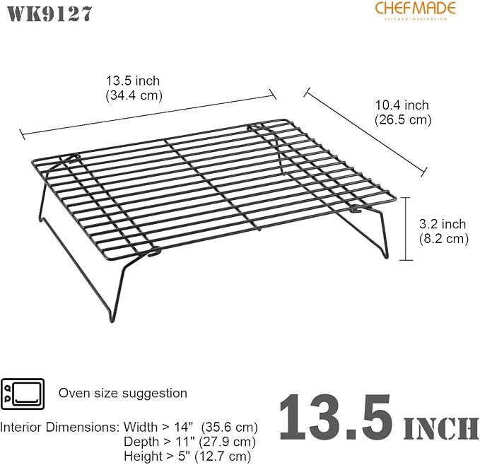 CHEFMADE Baking and Cooling Rack Set, 13.5-Inch 3-Tier Non-Stick Stackable Collapsible Rectangle Wire Rack for Oven Baking (Black)