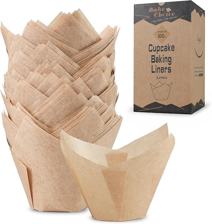 Bake Choice 100pcs Natural Super Jumbo Tulip Cupcake Liners for Baking, Unbleached Cupcake Liner, Greaseproof Parchment Paper Muffin Liners, Tulip Muffin Liners for Party, Christmas, Valentines