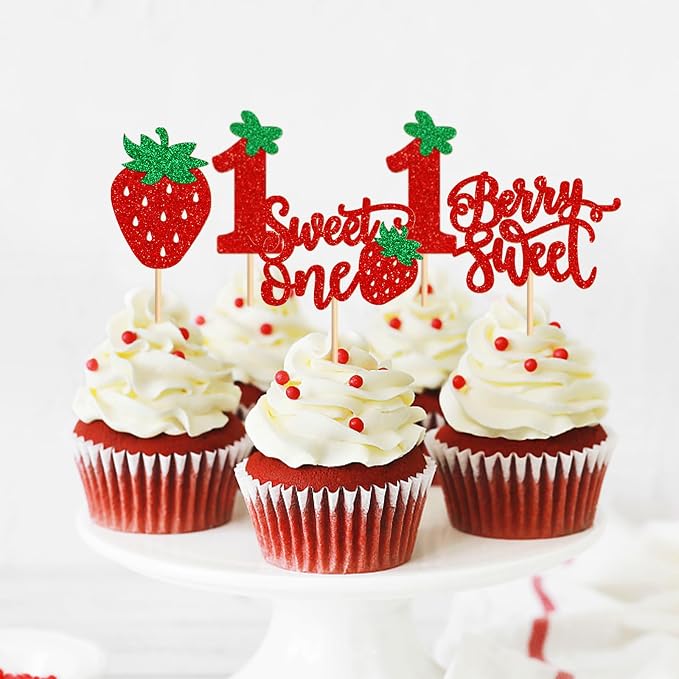 24pcs Glitter Red Strawberry Sweet One Cupcake Toppers Berry Sweet Strawberry Cupcake Picks for Kids Berry First Birthday 1st Wedding Anniversay Baby Shower Party Decoration Supplies