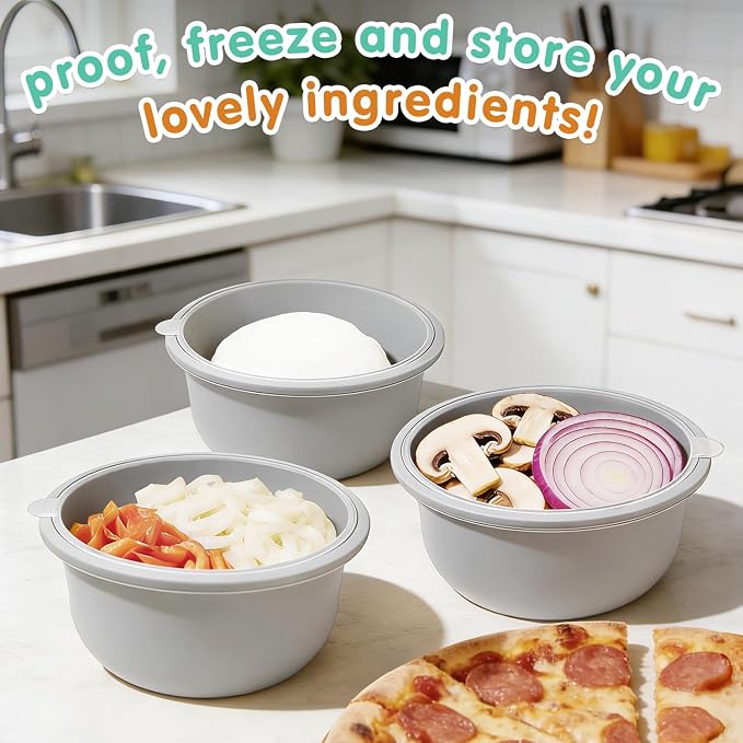 3Pcs Stackable Silicone Pizza Dough Proofing Proving Containers with Lids,Pizza Dough Proofing Box 700ml For Home Kitchen | Make 12" Pizzas (Grey)