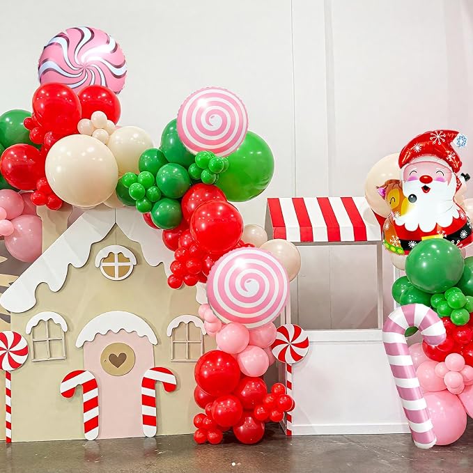 Christmas Balloon Arch Kit, Hot Pink Red Green Metallic Gold Balloons with Snowflake Santa Claus Lollipop Crutch Candy Long Balloons for Christmas Party Xmas Eve Decorations New Year Holiday Supplies