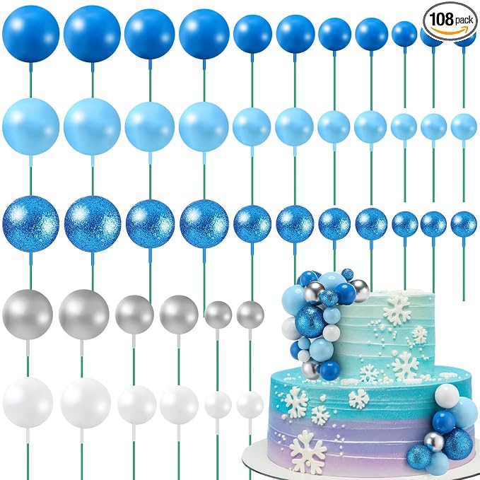 108 Pcs Balls Cake Topper DIY Cupcake Insert Foam Balloons for Cake Baking Wedding Anniversary Birthday Decoration(Blue White Silver,Multi Sizes)