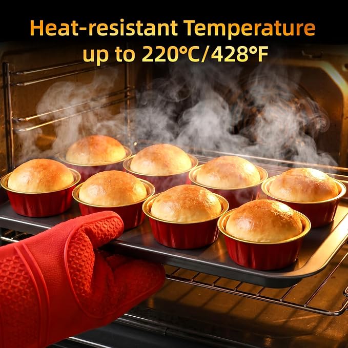 Beasea 8oz Disposable Ramekins with Lids, 120 Pack 235ml Aluminum Foil Baking Cups, Round Muffin Mini Creme Brulee Cups Tins Individual Cupcake Containers for Party Wedding - Red Gold