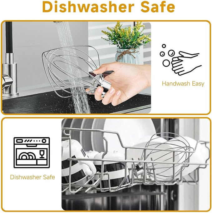 K45WW Whisk Attachment for 4.5 5 QT KitchenAid Tilt-Head Stand Mixer, 6 Wire Whip Compatible with Kitchen Aid accessories，Holeless Hub Design, 30% Faster Mixing, Dishwasher Safe