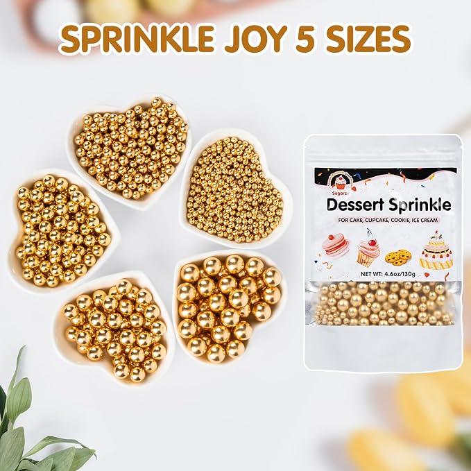 Edible Gold Pearl Sprinkles,Candy Pearls for Baking,Sprinkle Mix Size,130g/4.58oz Sugar Cake Decorations,Cupcake Toppers,Cookie Decorating,Donuts Ice Cream Decorating,Wedding Birthday Party Supplies