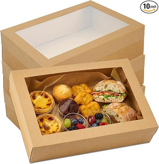 10 Pack Bakery Boxes with Window, 11.8x7.87x3.15 Inch Large Cookie Boxes, Cardboard Pastry Boxes, Take out Containers for Baking Pies, Cakes, Muffins and Pastries (S)