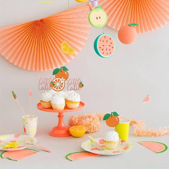 30 PCS Little Cutie Cupcake Toppers Glitter Fruit Theme Orange Cupcake Picks Citrus Cupcake Decoration for Baby Shower Kids Boys Girls Birthday Party Cake Decorations Supplies Rose Gold