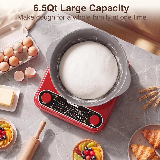 Electric Dough Maker with Ferment Function, 6.5QT Stand Dough Mixer, Dough Kneading Machine with 304 Stainless Steel Bowl, Removable Lid & Knob Control, Ideal for Bread, Pizza, Pasta - Empire Red