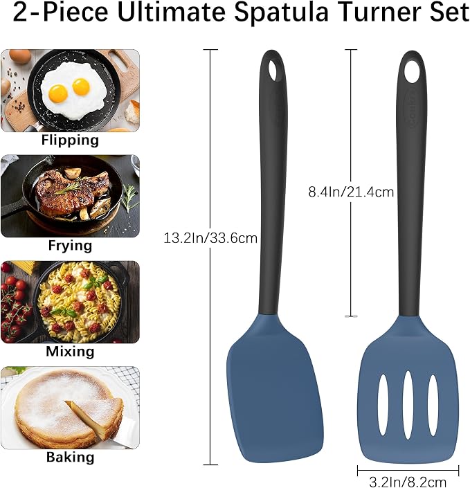 Coukre 2 Pack Silicone Spatula Set, High Heat Resistant, BPA Free Kitchen Spatula, Solid & Slotted Turner for Non-Stick Pans, Sautéing, and Flipping (2, DarkBlueBlack)