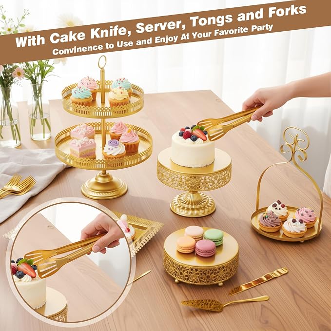 Wenqik 15 Pcs Gold Cake Stand Set Metal Dessert Display Set Tiered Cupcake Holder Square Serving Trays Round Tower Tray Platter for Wedding Birthday Party Celebration (Classic Style)