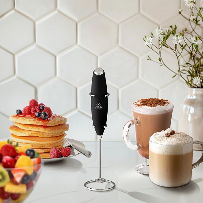 Zulay Kitchen Powerful Milk Frother Wand With Duracell Batteries - Ultra Fast Handheld Drink Mixer - Electric Whisk Foam Maker for Coffee, Lattes, Cappuccino & Matcha - Z1 Motor - New Black