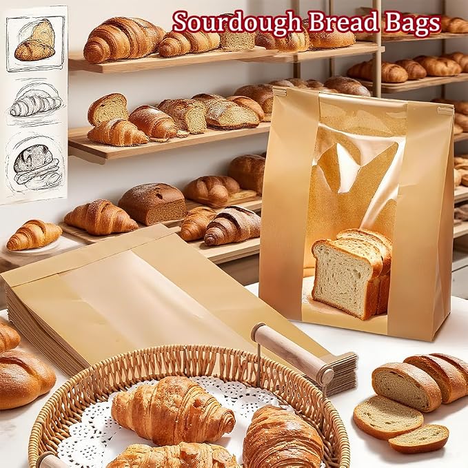 Sourdough Bread Bags with Tin Tie Lock - 60 Pack 13.8x3.5x8.2 Inch Paper Bread Bags for Homemade Bread Cookie Bags with Clear Window 500 Labels Bakery Bags for Bread Storage Baked Goods Packaging