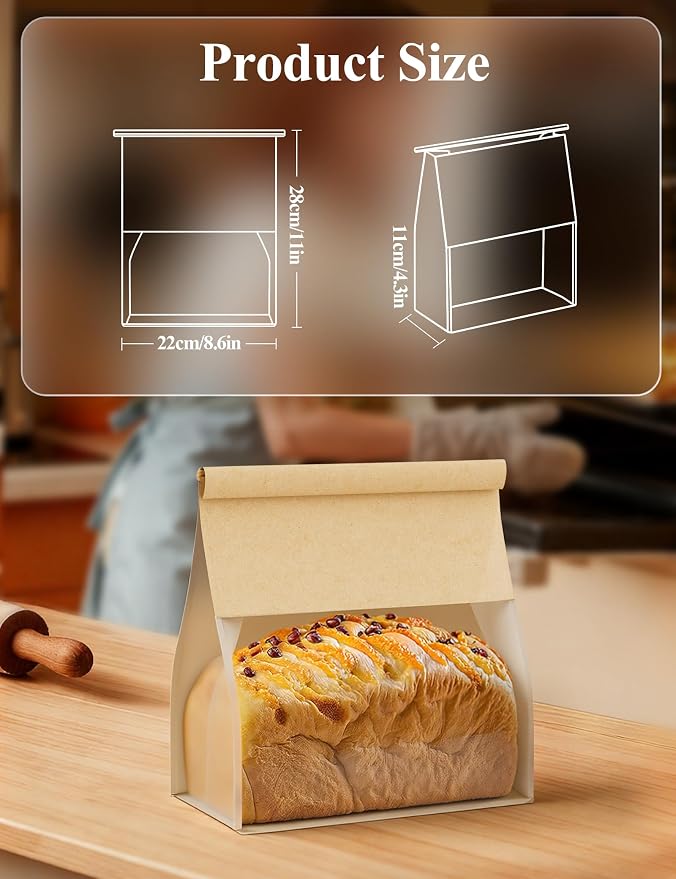 FireKylin Bread Cookie Bags with Window & Tin Tie 8.6x4.3x11.0 (50,Large) | Food Safe Brown Paper, Clear Window, Reusable Tin Tie, for Homemade Bread, Cookies, Muffins, Pastry, Candy, Party Favor
