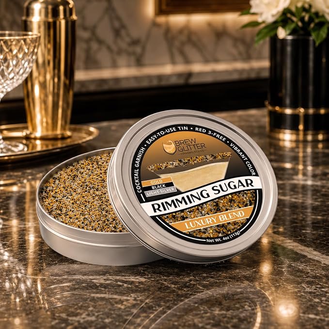 Brew Glitter Rimming Sugar Luxury Blend (Gold, Light Silver & Black) 4oz, 1x Bar Tin Cocktail Garnish for Mixed Drinks & Refreshments