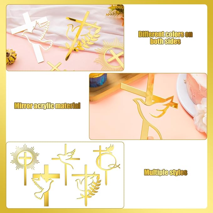 5 Pcs Gold Dove Cross Cake Toppers Acrylic Baptism First Communion Cake Decorations Supplies for Baby Shower Birthday Wedding Party Christian