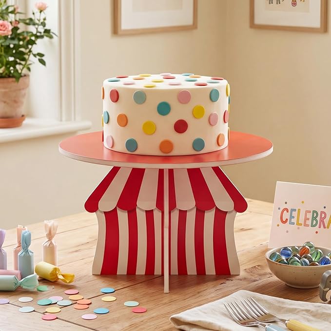 Lallisa 12" Circus Themed Cake Stand Red 3D Carnival Themed Party Decorations with Circus Tent Base PVC Dessert Holder Centerpieces for Desserts Birthday Wedding Supplies