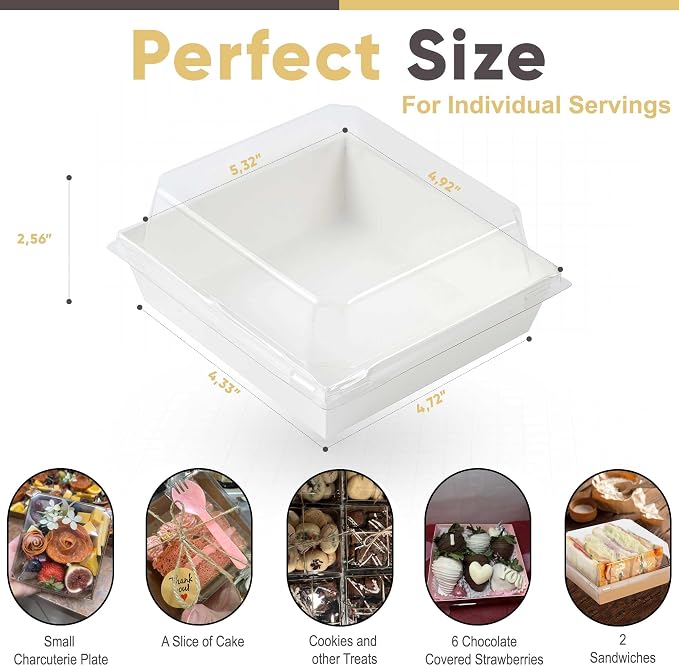 Leafiew 50 Pack Small Charcuterie Boxes with Clear Lids - To Go Paper Mini Charcuterie Box, Disposable Food Containers, 5Inch Dessert Boxes - Sandwich, Cookie, Sushi, Cake Slice, Strawberries (White)