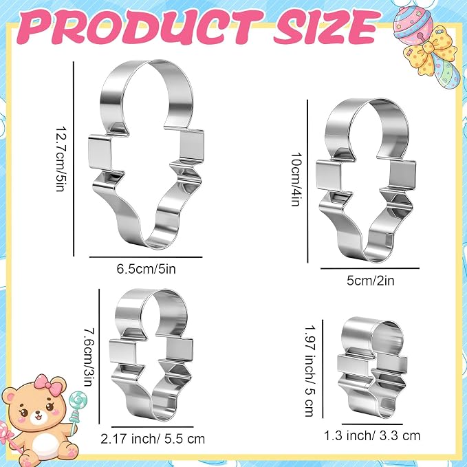 Havawish 4 Pcs Cookie Cutter Set 2 in to 5 in Cookie Cutter Stainless Steel for Baking Fondant Fruit Bread Birthday Party Decorations (Rattle with Bow)