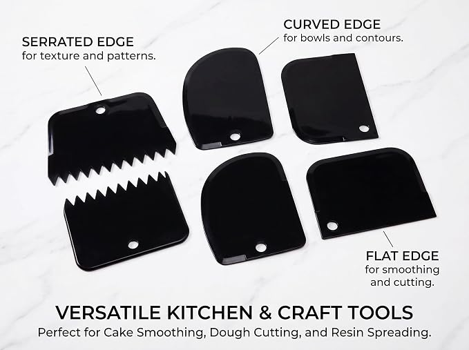 Cake Decorating Scraper Set, 6 Piece Plastic Icing Smoother Tools, Serrated and Flat Edge Dough Scrapers for Baking, Pastry, Bread, Pizza, 2.95-4.81 Inch (black)