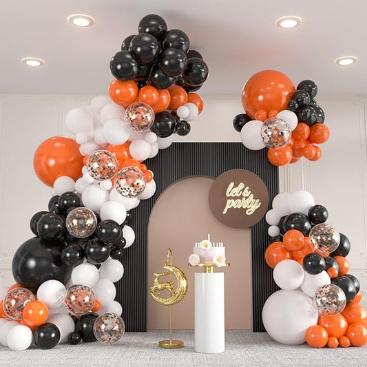 136pcs Black Orange White Balloon Garland Kit - 18/12/10/5 Inch Confetti Balloon Arch Set for Halloween, Birthday, Graduation Party Decorations