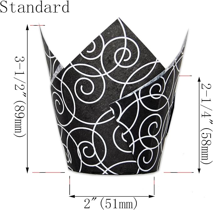 QLSmypkg Muffin Greaseproof paper Baking cupcake cups, 2"(Bottom diameter) x 3-1/2"(Height) Black Fancy Floral Print Tulip Baking Cup Case of 125 pcs (125, Standard)