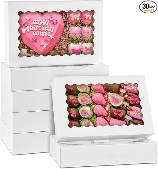 30 Pack Auto Pop-up Cookie Boxes with Window, 12" x 8" x 2.5", White | Bakery Treat Boxes, For Chocolate Covered Strawberries, Cake Pops, Donuts, Cocoa Bombs, Sugar Cookies, Pastries