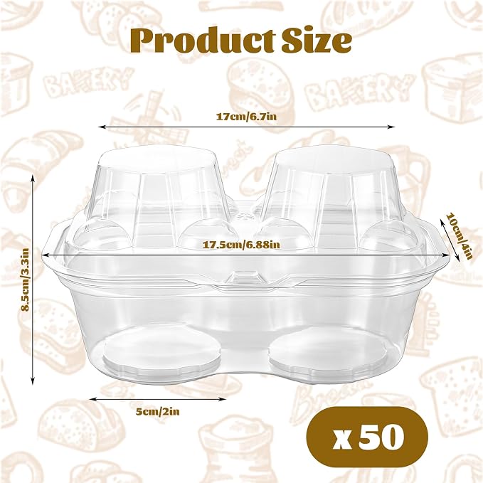 50 Pcs Cupcake Containers 2 Count, 2 Pack Cupcake Containers with Clear PET Hinged Lid, Double Dessert Holder Boxes for Muffins, Bakery, Parties and Sweet Gifts