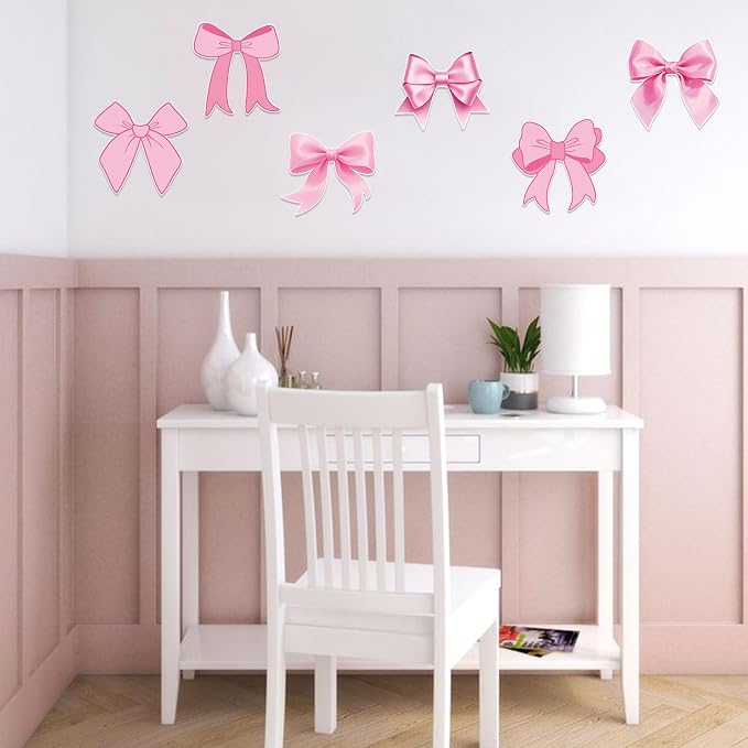 Vuzvuv 48Pcs Pink Bow Paper Cutouts with 100Pcs Glue Points,Pink Bow Cut Outs Bulletin Board Decorations for Birthday Party Theme Decor Supplies