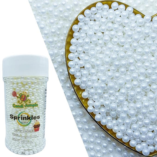 CandiJumpin 4mm White Sugar Pearls, Small Edible Pearls White Pearl Sprinkles for Cake Decorating Edible Cake Decorations Pearl Sugar Sprinkles Cupcake Toppers Baby Shower Party Birthday Wedding Christmas Supplies 3 OZ