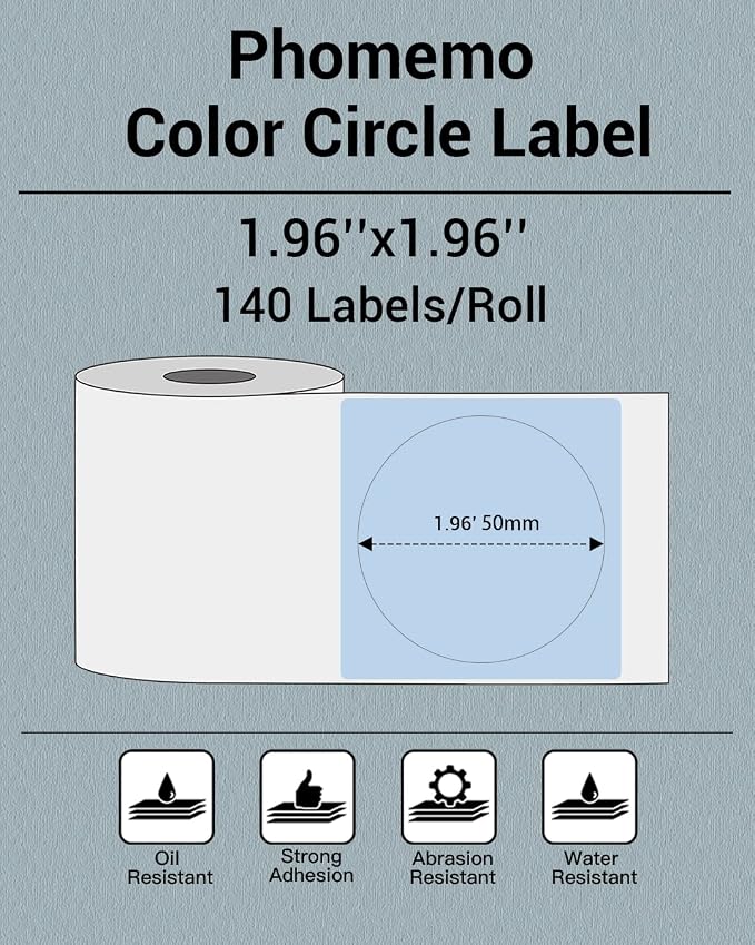 Phomemo Circle Labels for M110/M110S/M120/M200/M220 Label Maker, 1.96" x 1.96"（50x50 mm） Round Thermal Label for Barcode Labels, DIY Logo Design, Blue