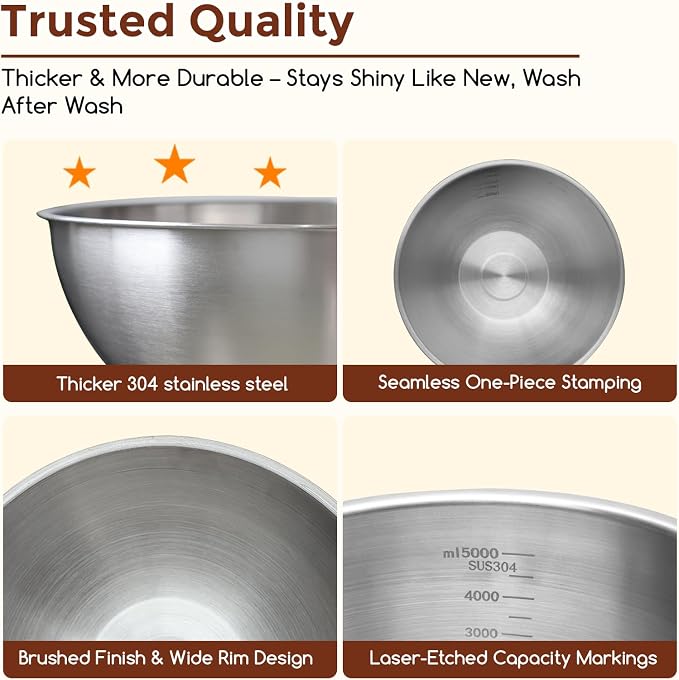Gronivex 304 Stainless Steel Mixing Bowls, 5-Piece (1.5-5.3 Qt) | Thicker-Gauge, Food-Grade Metal, Stackable Nesting & Space-Saving – Ultimate for Large Family Baking or Party Cooking