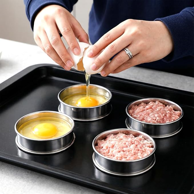 25 Pack 4 Inch English Muffin Rings, Stainless Steel Double Rolled Crumpet Rings with Silicone Brushes - Nonstick Metal Tart & Pastry Molds for Baking, Eggs, Pancakes