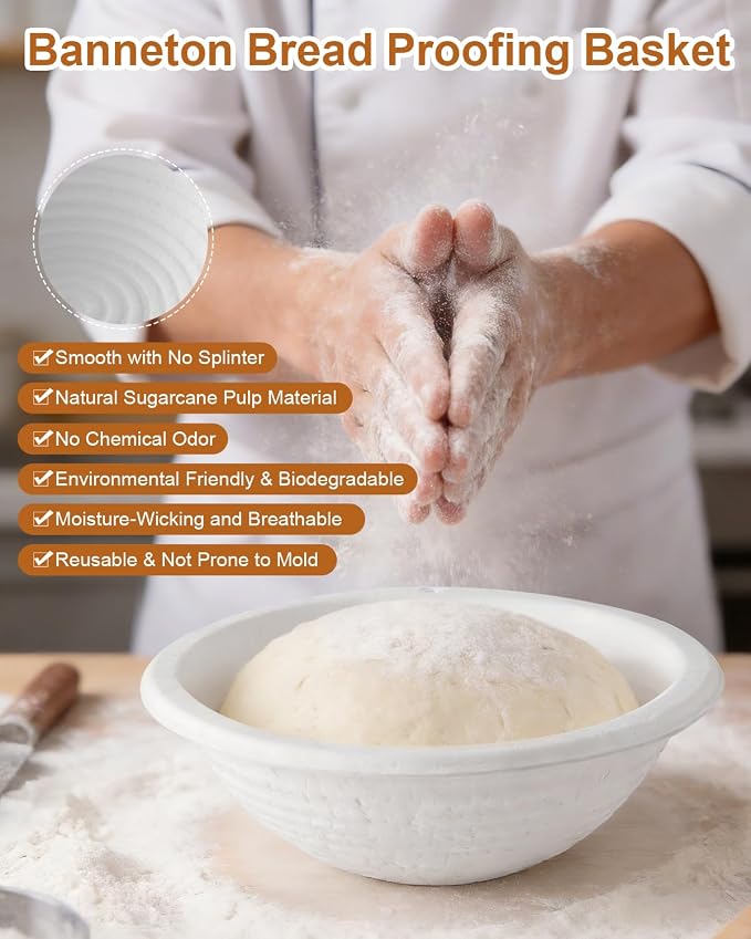 2 Pcs Banneton Bread Proofing Baskets, Sourdough Basket, Round, 10 Inch | Banneton Basket Set, Proofing Basket for Sourdough & Artisan Bread Baking, Non-Stick, Made with Eco-friendly Sugarcane Pulp