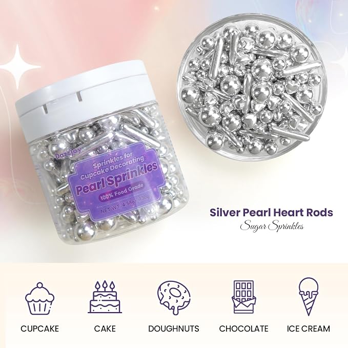 Edible Silver Heart Sprinkles, 130g/4.58oz, Silver Pearl Sprinkles For Cake Decorating, Edible Silver Cake Decorations, Birthday Party Supplies