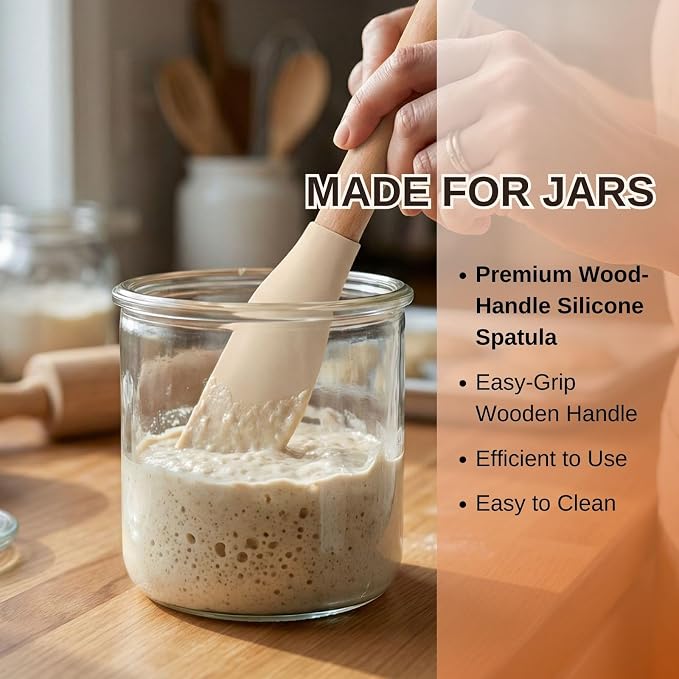 3Pcs 10.7" Silicone Jar Spatula with Natural Beechwood Handle, Removable Flexible Scraper Head for Deep Jars, Thick Non-Stick Small Spatula for Sourdough, Peanut Butter, Blenders & Baking, Cream