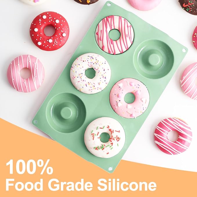 QELEG Silicone Donut Mold, 2 Pack Non-Stick Silicone Bagels for Baking Doughnut Pan Set, Reusable Mold Tray for Donuts and Bagels Green 2Pcs/6-Cavity