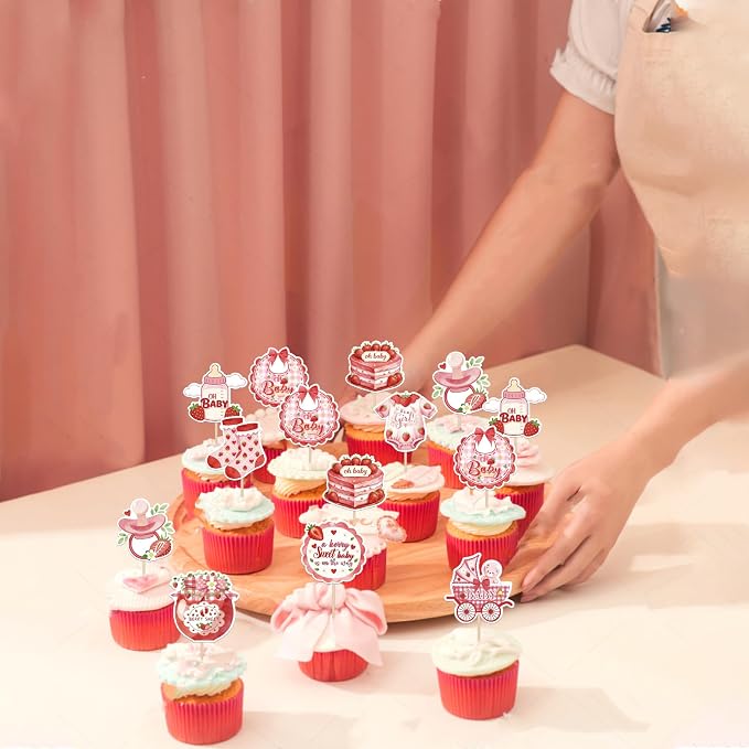 36 Pack Baby Shower Cupcake Toppers Double SidedBaby Bear Socks Clothes Strawberry Cupcake Picks A Berry Sweet Baby On The Way Cake Decorations for Gender Reveal Birthday Party Supplies