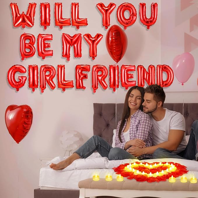 HyDren 18" Will You Be My Girlfriend Balloons Letters Kit Include Heart Shaped Balloons and LED Tealight Candles with Rose Petals Romantic Girlfriend Proposal Kit Valentines Day Decorations(Red)