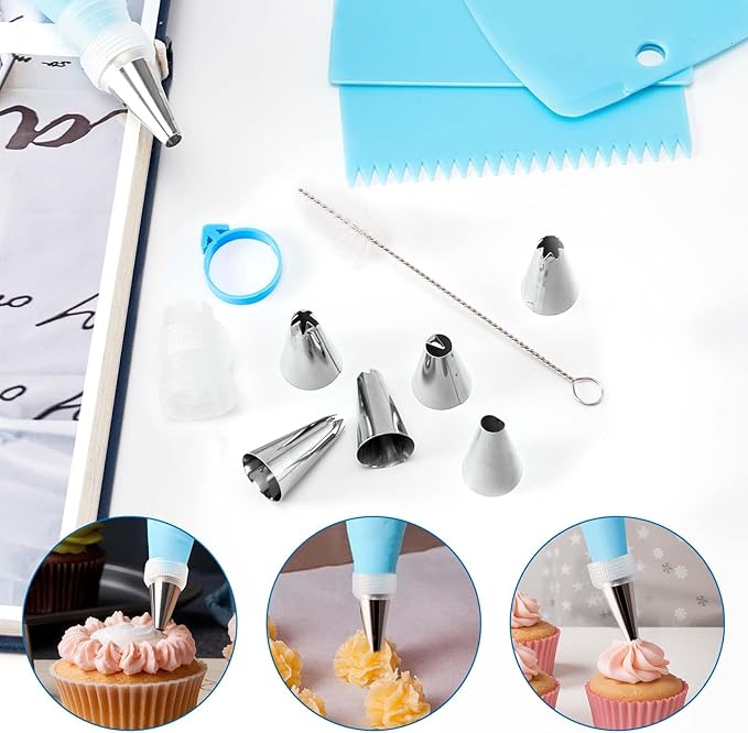 Piping Bags and Tips Set, Reusable Cake Decorating Kit with 24 Stainless Steel Icing Tips,2 Reusable Silicone Piping Bags,2 Couplers,3 Scrapers, Bag Ties & Brush for Baking, Cookie Icing and Cupcakes