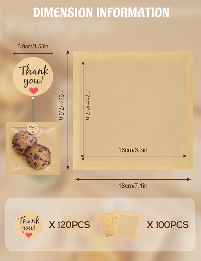 FireKylin 100 Pack Cookie Bags with Heat Sealing, 7.1 x 7.5 Inch Bakery Bags with Window, Grease Resistant Cookie Packing for Treats, Baked Goods, Bagel, Cake Slice, Sandwich (7.1"x7.5"-100pcs)
