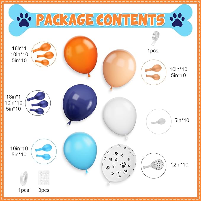 Orange Blue Beige Balloons Garland Kit, Navy Blue Light blue and orange Balloon Arch Kit with Dog Paw Printed Balloon, Orange Blue Apricot Balloons for Puppy Paw Themed Boy Birthday Party Decorations
