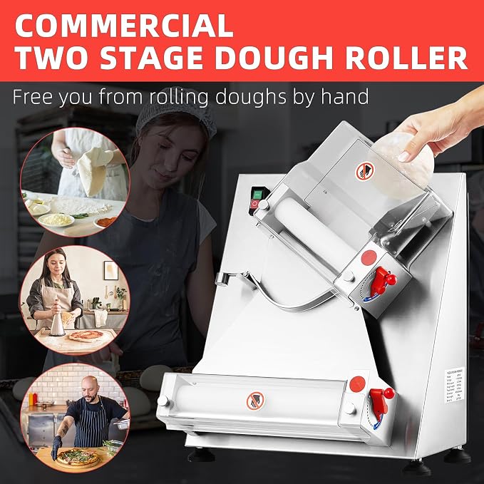 Commercial Pizza Dough Roller Sheeter, Max 12", Towallmark Automatic 370W Electric Pizza Dough Roller, Stainless Steel, Suitable for Noodle, Pizza Bread and Pasta Maker Equipment
