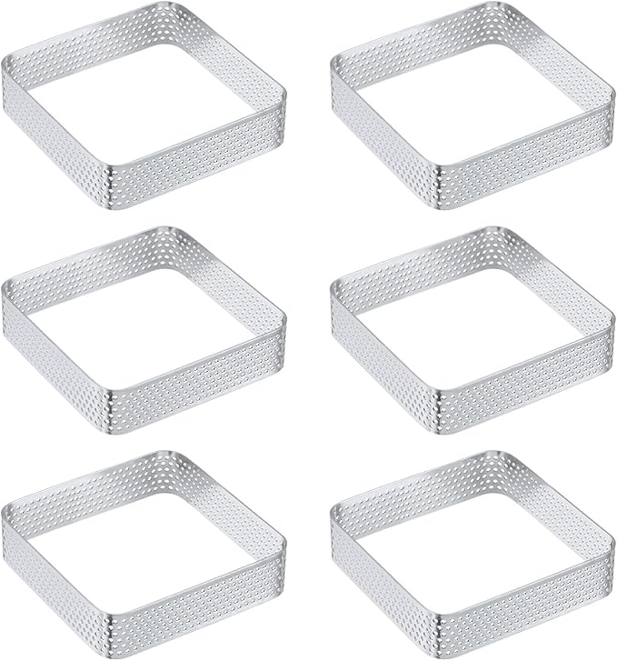 uxcell 6pcs Square Perforated Cake Rings 3.1 x 3.1 Inch Stainless Steel Cake Pastry Mousse Ring Molds for DIY Cake Dessert Mousse Pastries Baking, Silver Tone