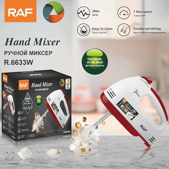 Electric Hand Mixer - 7 Adjustable Speed 260W Handheld Mixer Electric Whisk, Double Rod Stainless Steel Beaters & Hooks, Lightweight Hand Mixer for Baking & Cooking, Easy to Clean - Random Color
