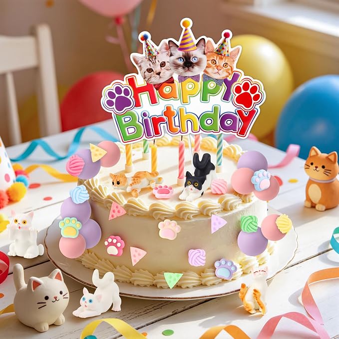 Hooqict 34Pcs Cat Cake Decorations Set with Mini Cats Figurines Cute Paw Balls Cake Toppers & Cupcake Toppers for Kids Pet Cat Themed Birthday Party Decorations Supplies